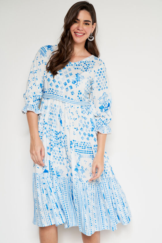 Blue Abstract Flared Dress, Blue, image 2
